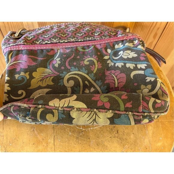 Fossil Canvas Crossbody Messenger Bag Brown Paisley Print Key Bird Charm Tag - Picture 8 of 12